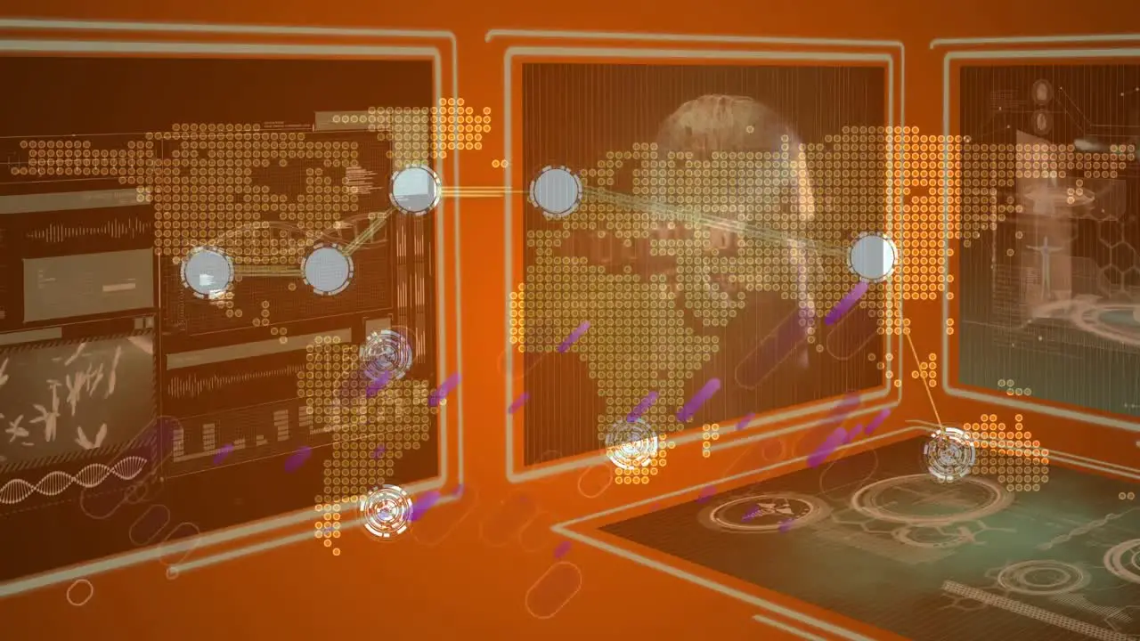 Animation of purple shapes over screens with world map on orange background