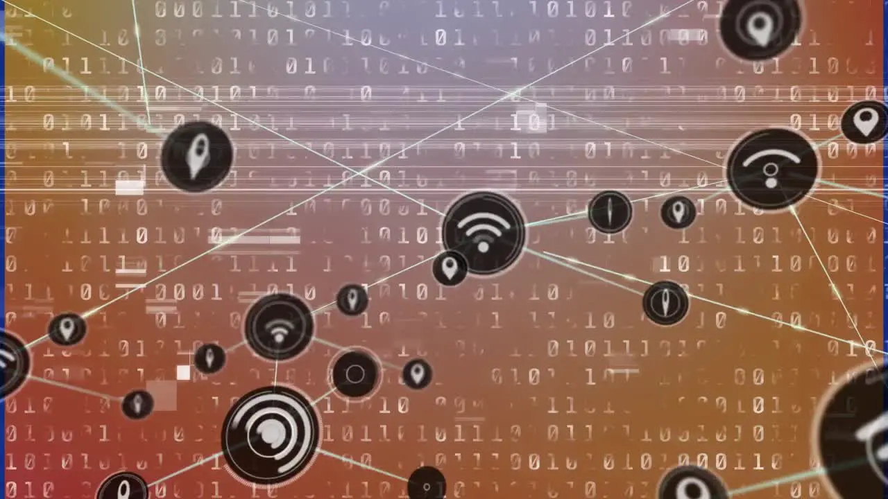 Animation of network of connections with icons over data processing on orange background