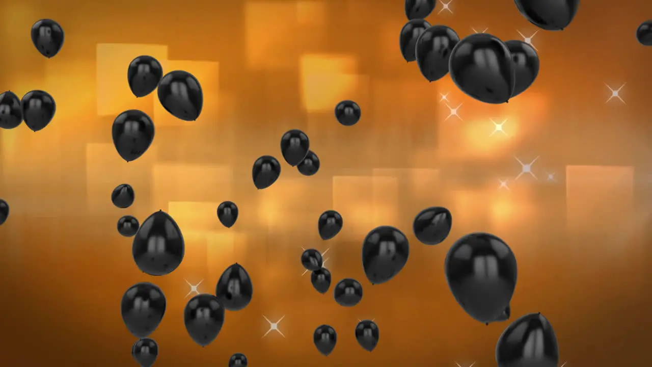 Animation of black balloons with lens flares over illuminated squares against orange background