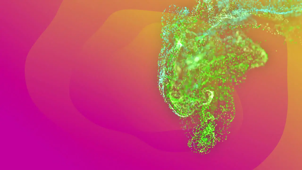 Animation of network of green particles moving over shifting pink and orange background