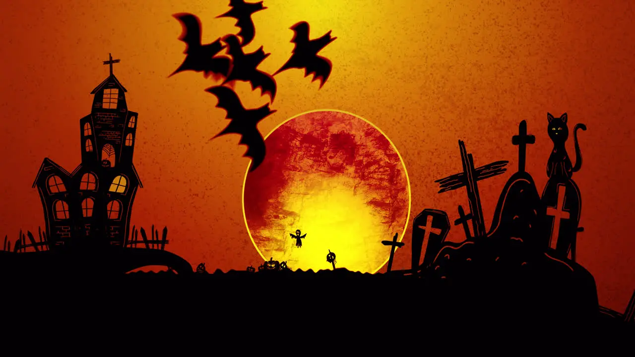 Animation of halloween cemetery ghosts bats spider and full moon on orange background