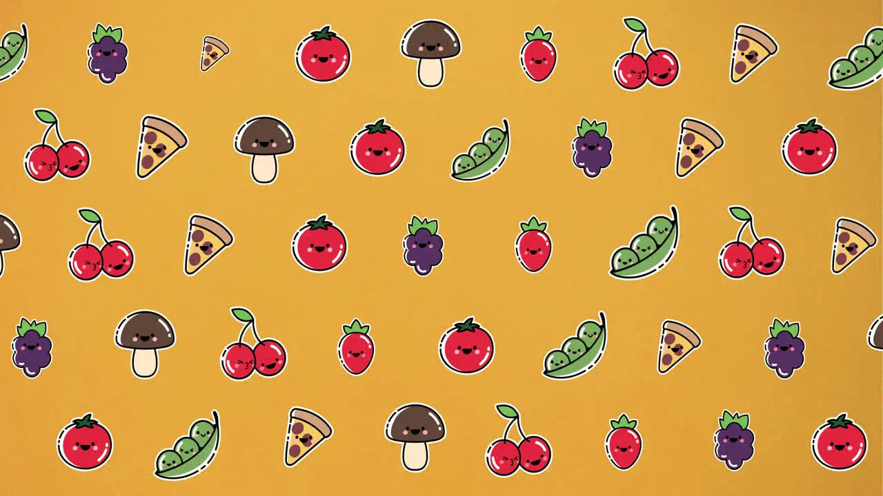 Animation of diverse cartoon food floating on orange background