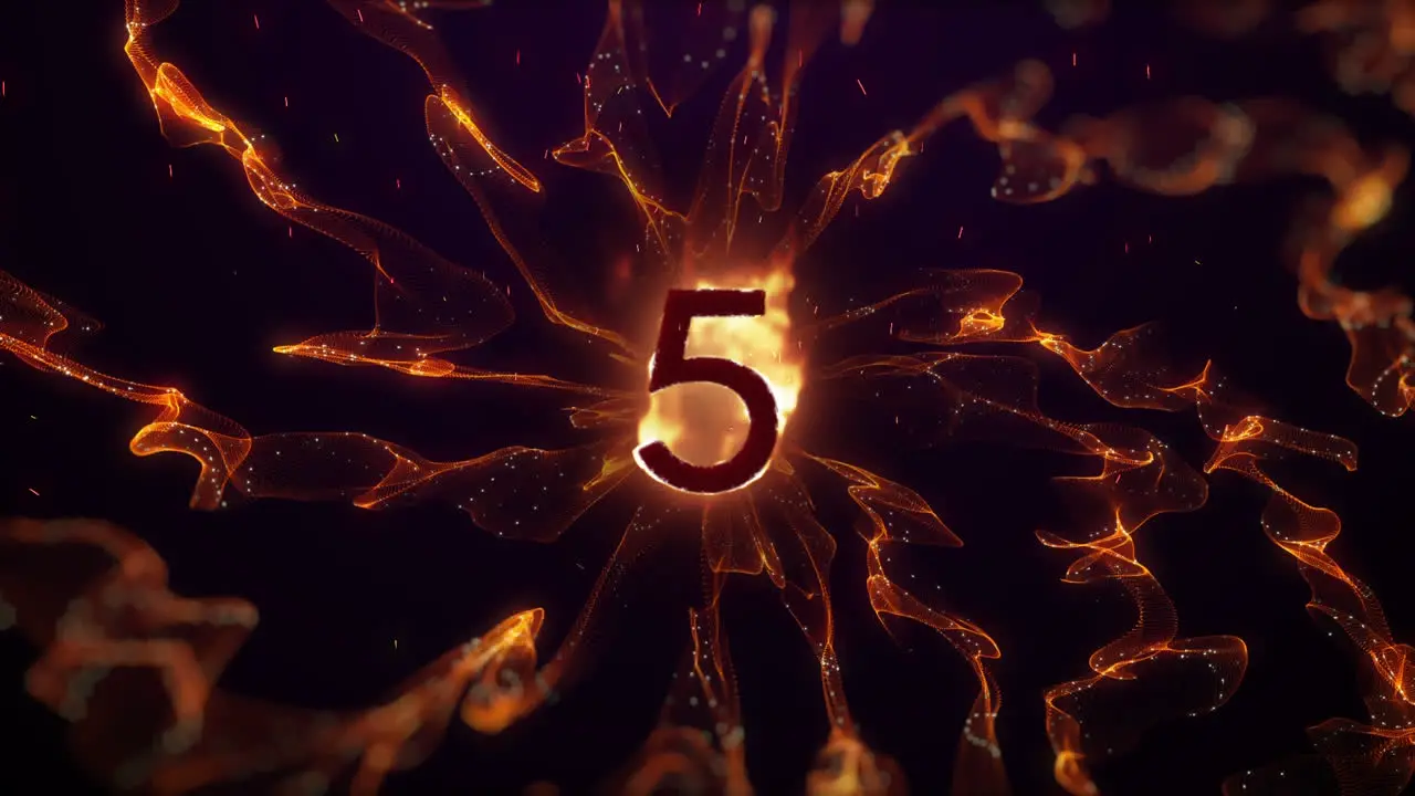 Animation of glowing number 5 in flames over explosion of orange light trails