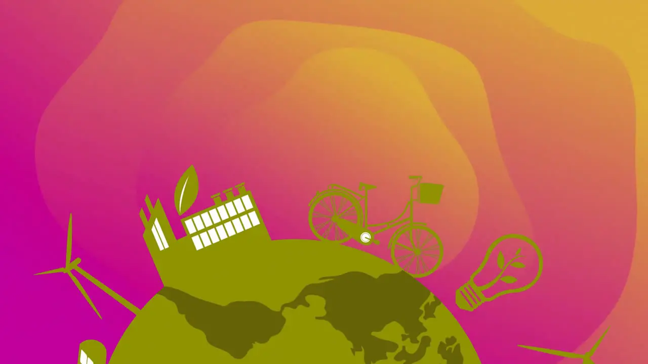 Animation of globe with ecology icons over pink and orange background