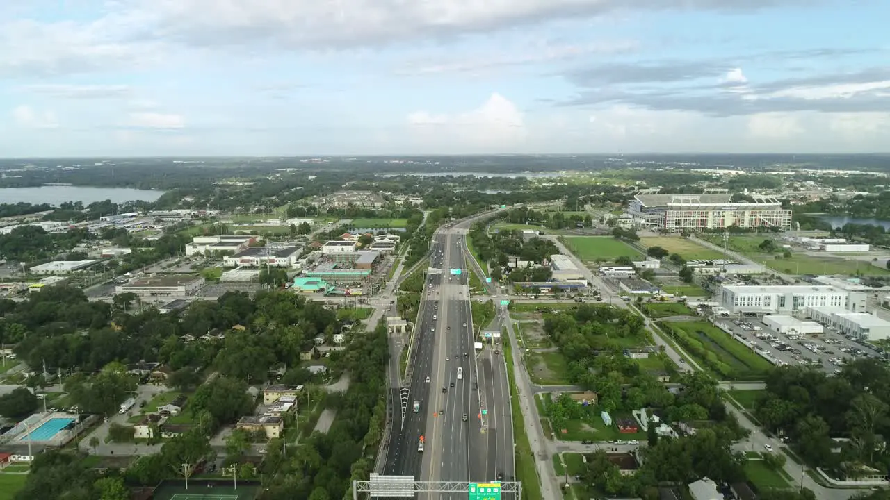 Orlando FL USA 08-31-2020 Drone push in shot down the 408 interstate near downtown Orlando