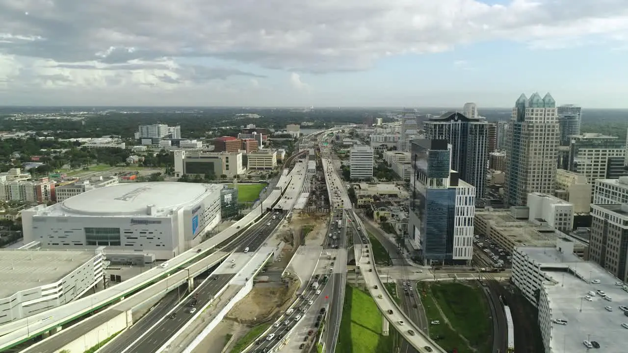 Orlando FL USA 08-31-2020 Symmetrical drone shot down the interstate in downtown Orlando