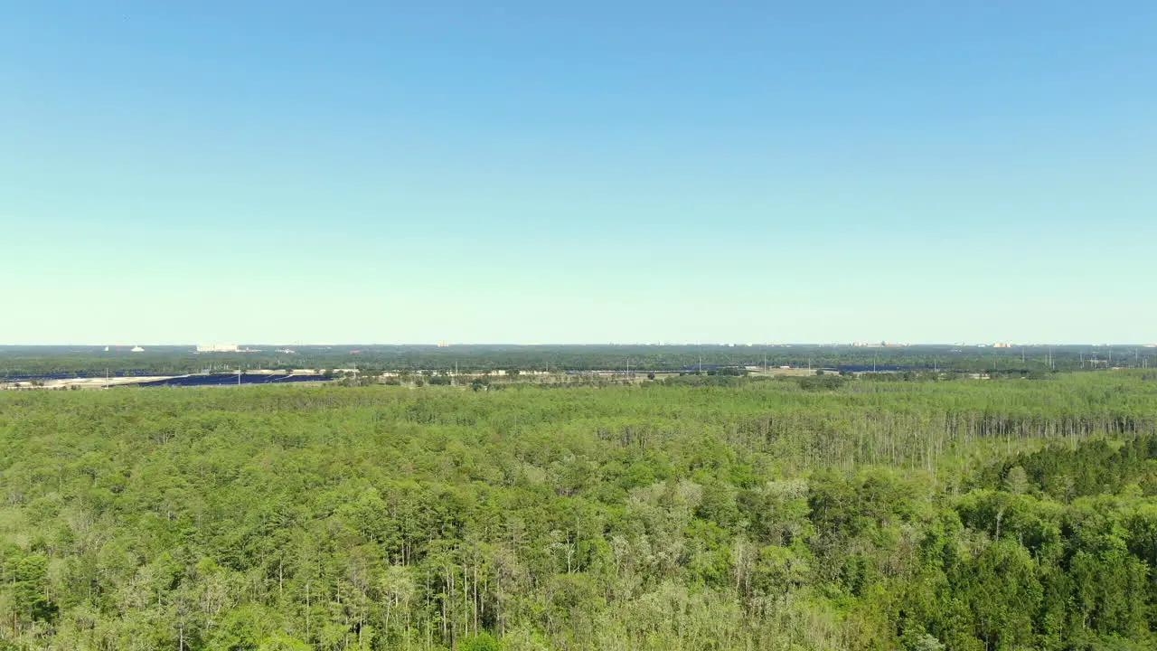 Flying over a lush forest with a solar farm in the distance