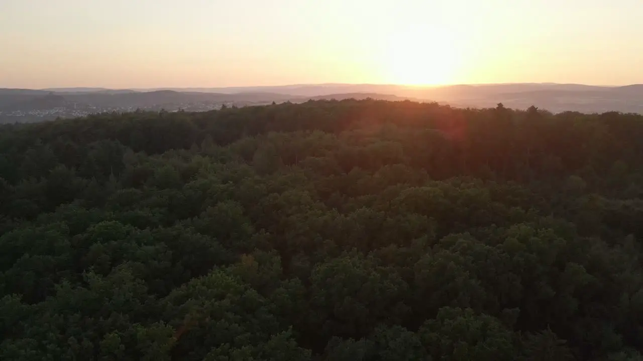 Backward flying drone footage over a huge forest at an orange sunset with mountains in the background