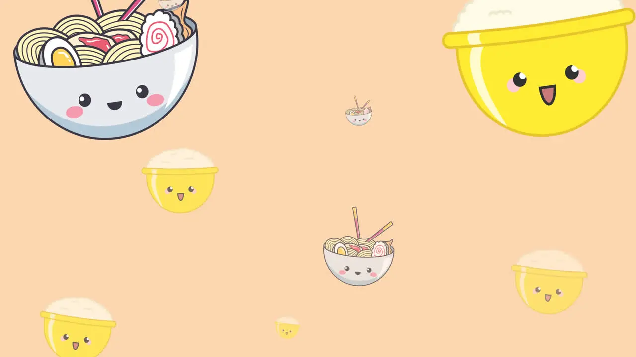 Animation of diverse cartoon bowls with ramen floating on orange background