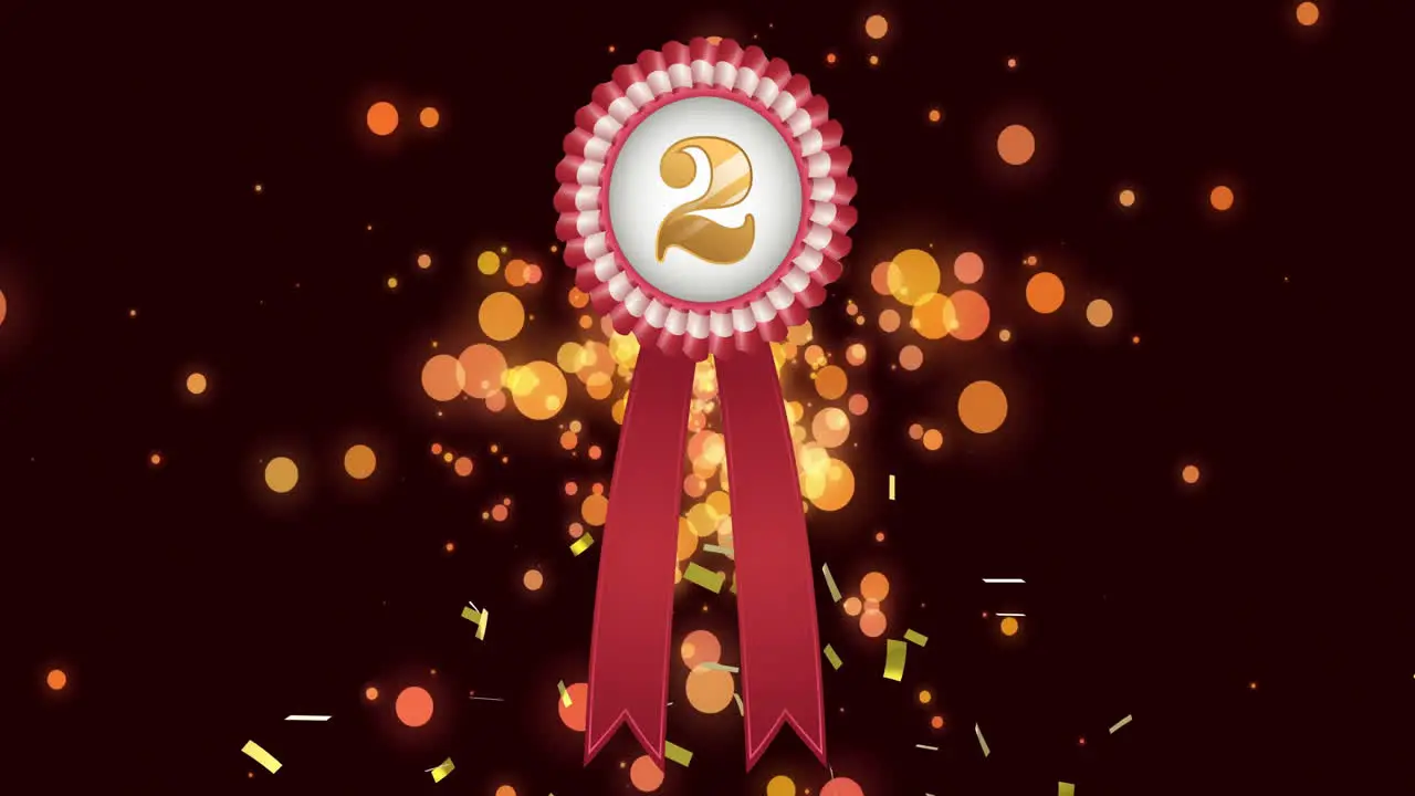 Animation of rosette with number 2 and falling confetti and orange light spots on black background