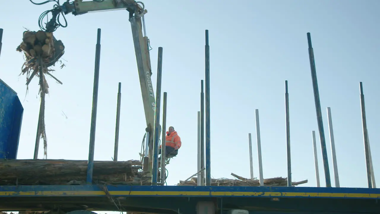 Worker operators crane with claw to stack lumber on truck low angle