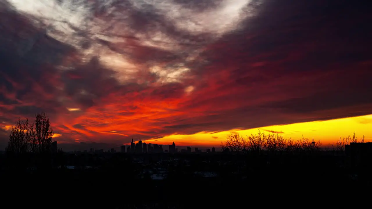 Dramatic sunset behind Frankfurt am Main in Germany