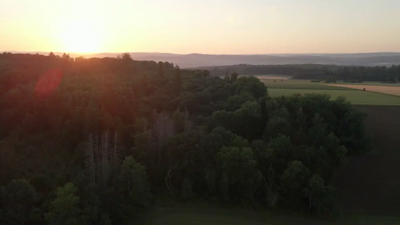 Backward flying footage over a huge forest and meadows at an orange sunset giving beautiful sun flares in the footage with mountains in the background