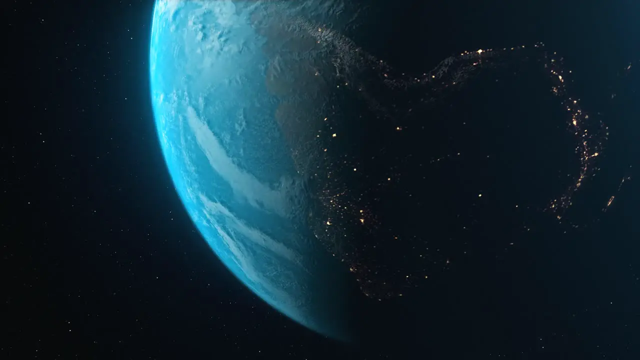 Planet Earth view from space motion graphics video shows the Earth rotating and revealing city lights on dark side