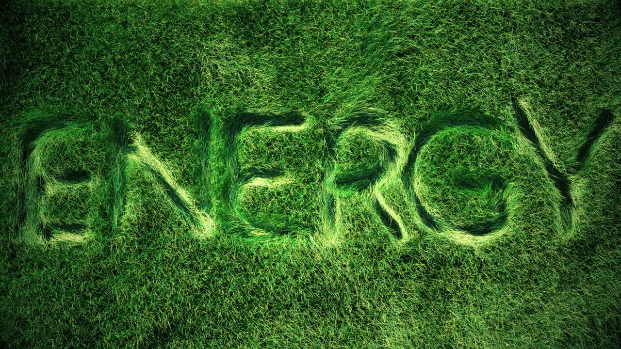 3d animation imprint of the word "Energy" on a topview of a green grass field blades of grass subtle waving in the wind and air motion graphics letters get minted on the grass