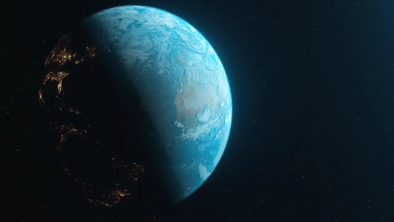 Cinematic planet Earth view from space motion graphics video shows the Earth rotating and revealing city lights on dark side