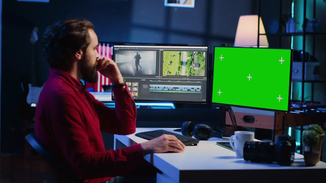 Video editor analyzing film montage on green screen monitor before editing color grading