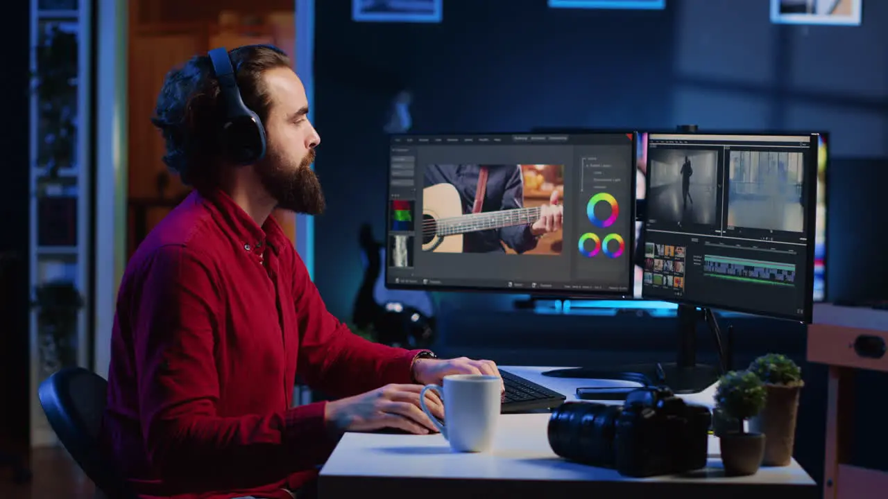 Videographer color correcting clips while listening music in headphones