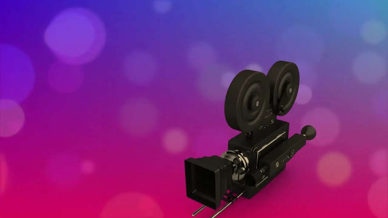 Animation of movie camera over light spots on purple background