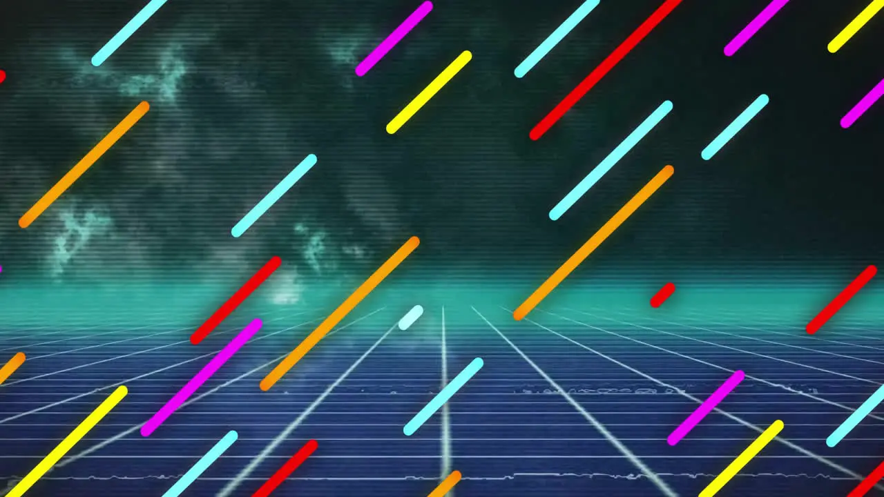 Animation of colourful diagonal lines moving over grid and blue smoke on dark background