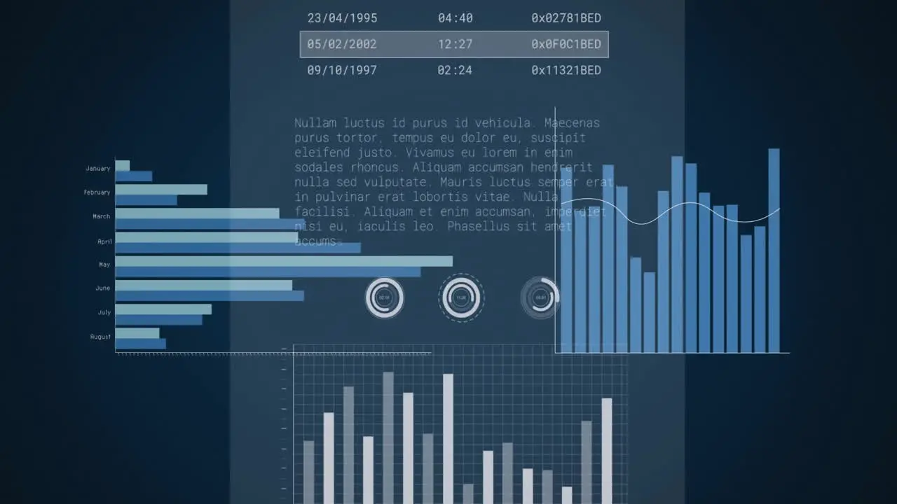 Animation of data processing and diagrams over black background