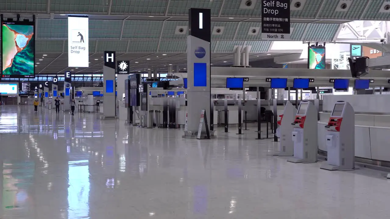 Empty Narita Airport in Japan with no people and blue screens due to corona