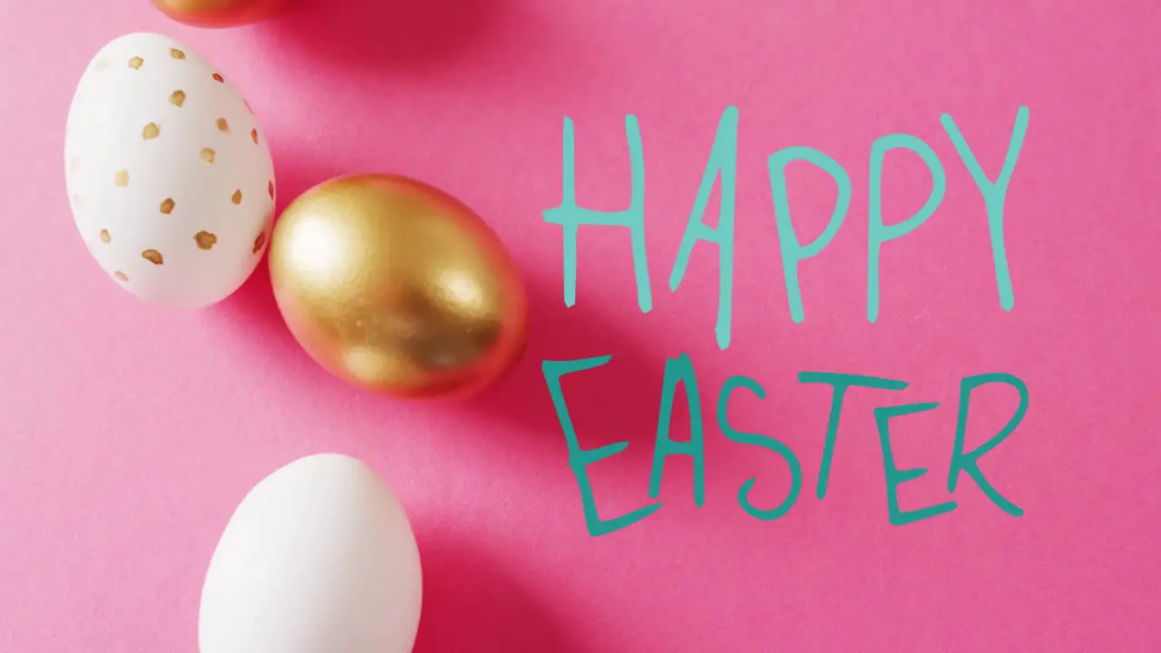 Animation of happy easter text over gold and white easter eggs on pink background