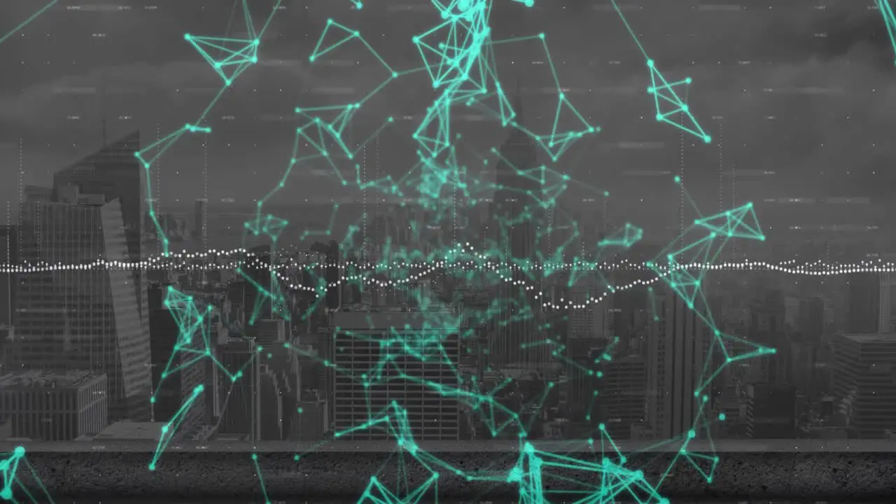 Animation of graphs over connected dots forming geometric shapes over modern city against cloudy sky