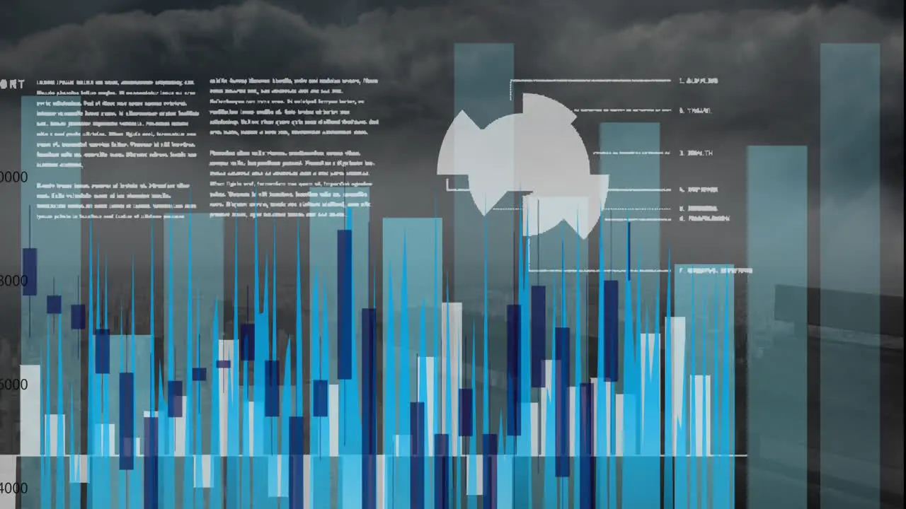 Animation of multiple graphs with data over modern cityscape against cloudy sky