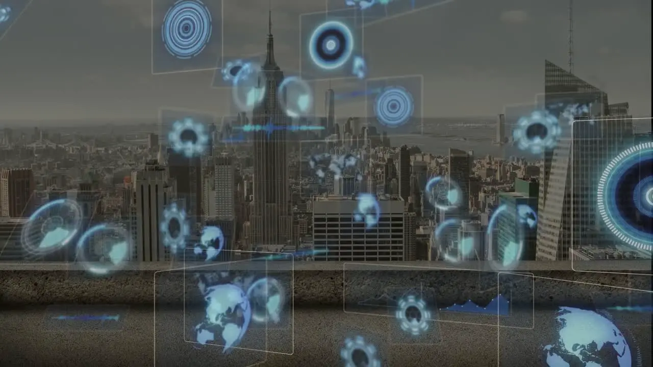 Animation of circles radars globes and soundwaves over modern cityscape against cloudy sky