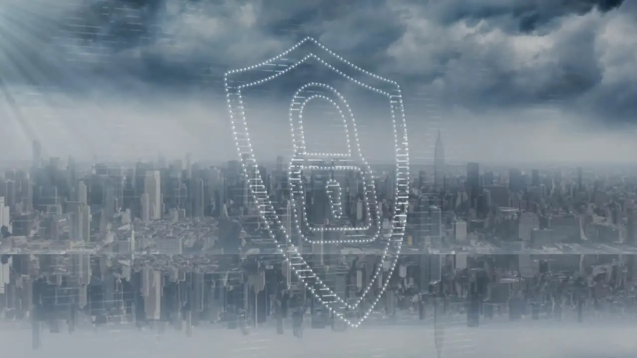 Animation of dots padlock in shield over modern cityscape against cloudy sky