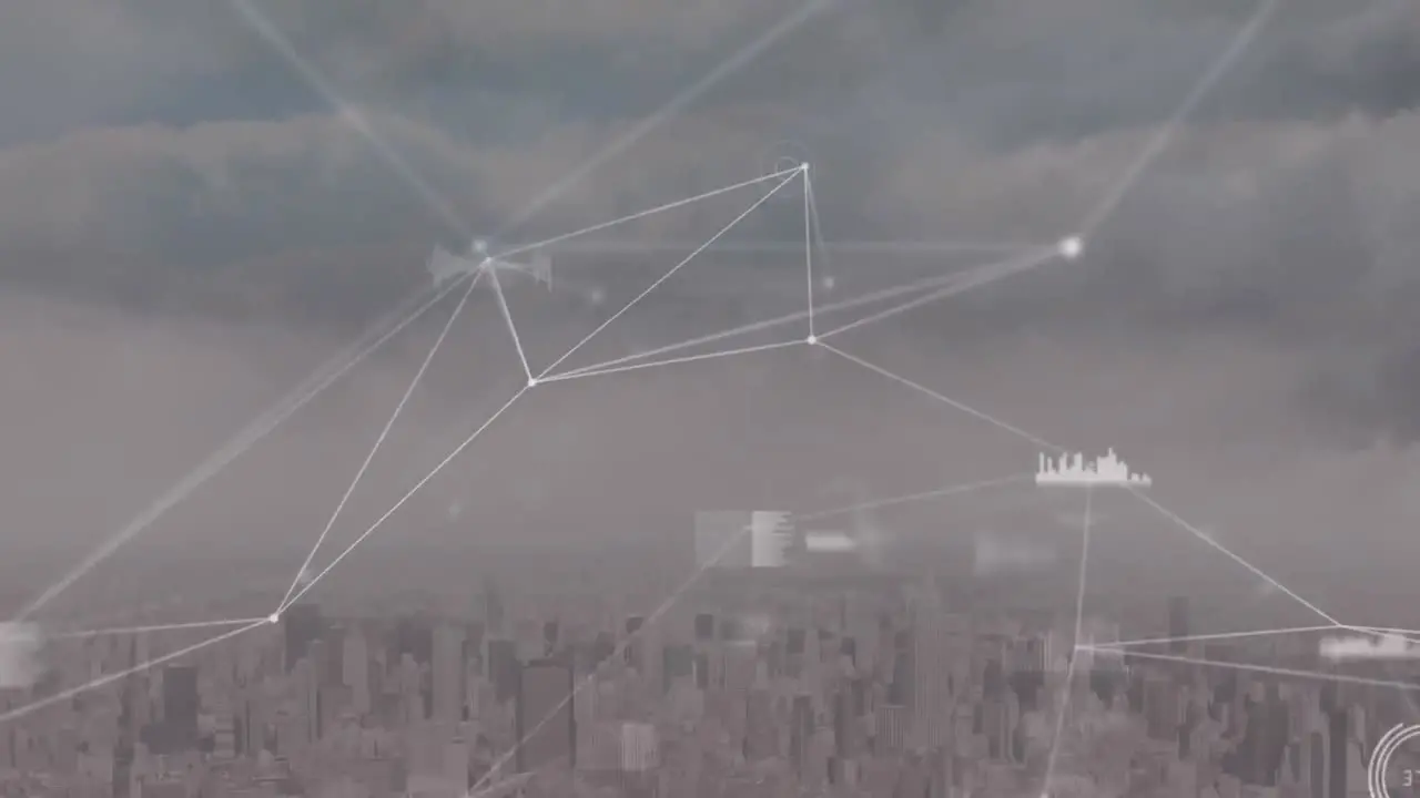 Communication networks and data processing over modern cityscape and cloudy sky