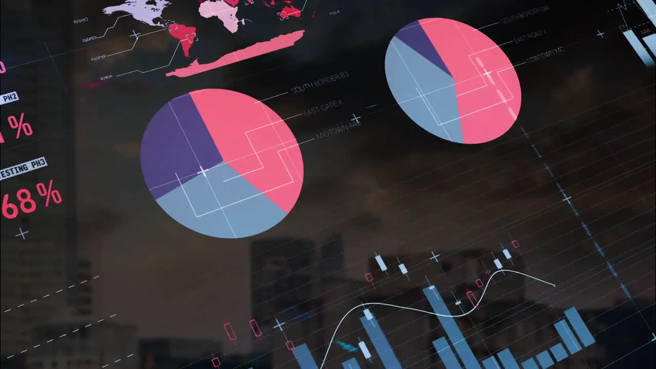 Animation of multicolored infographic interface over modern city against cloudy sky