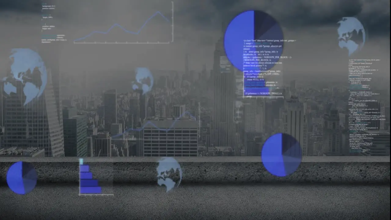 Animation graphs globes and computer language over modern cityscape against cloudy sky