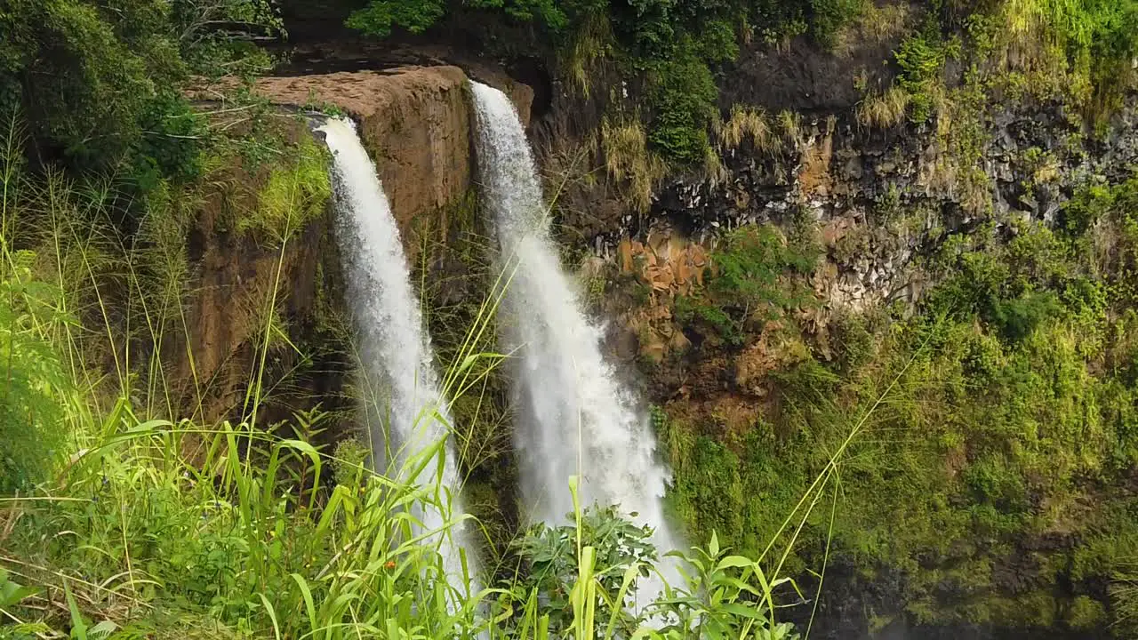 HD Slow motion Hawaii Kauai static shot of Wailua Falls with tall grass blowing to the right in foreground