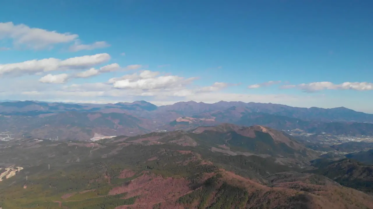 High above aerial drone over wide rolling mountain landscape on clear day