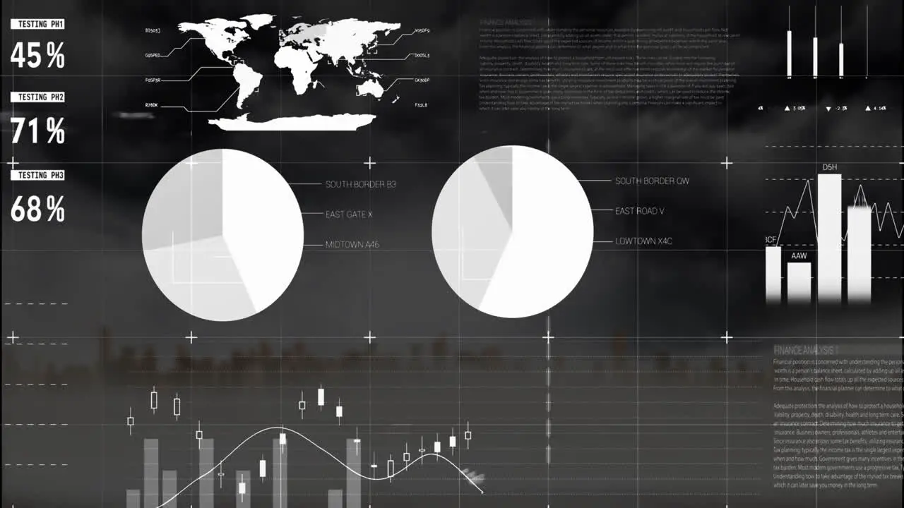 Animation of infographic interface over fog covered modern cityscape against cloudy sky