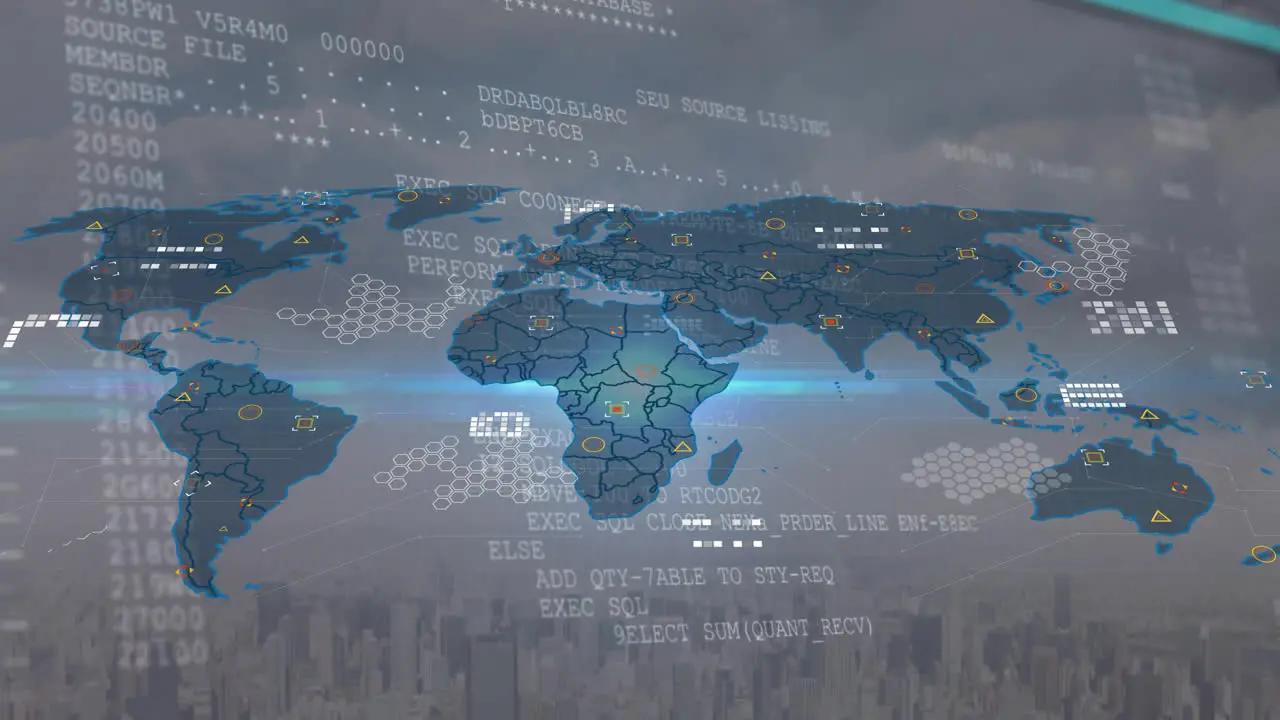 Animation of computer language and map over modern cityscape against cloudy sky