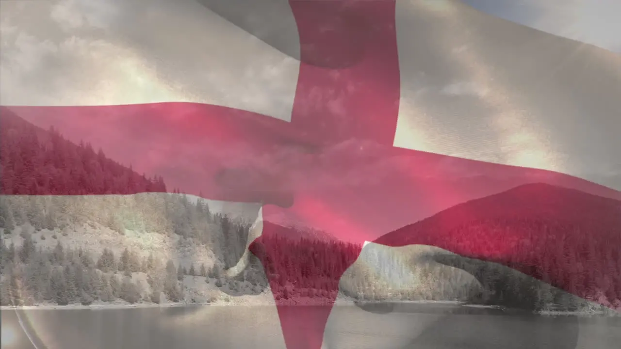 Animation of flag of england over scenic view of lake mountain against cloudy sky