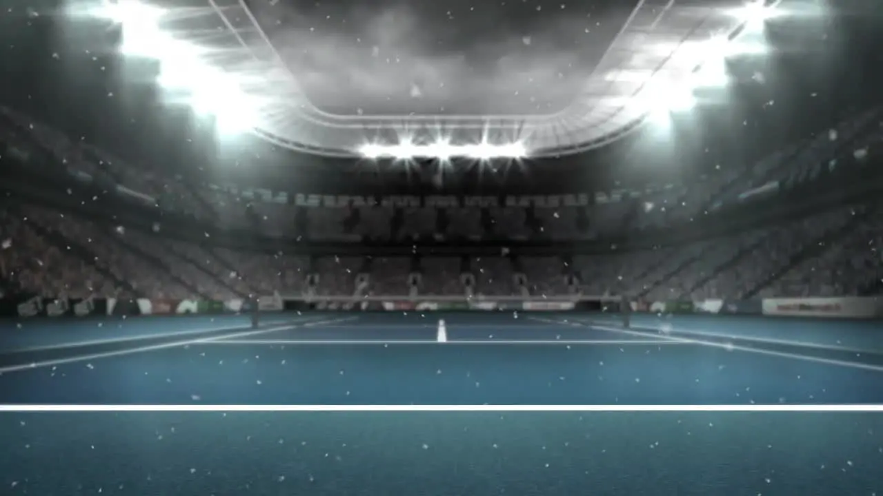 Animation of snowfall over tennis court and lights on roof of stadium against cloudy sky