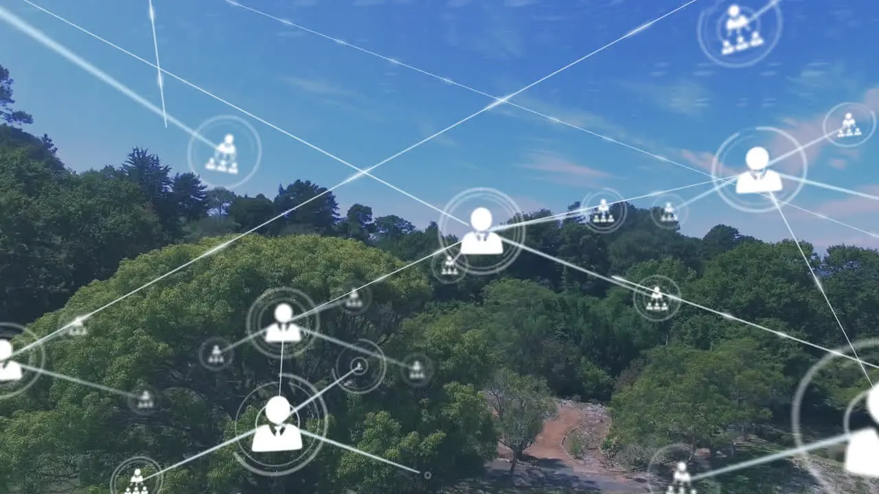 Animation of profile icons connected with lines over aerial view of park against cloudy sky