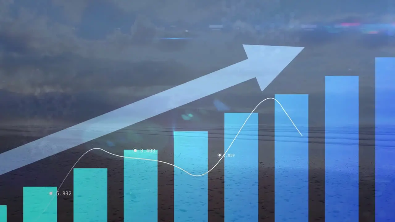 Animation of upward arrow and blue graphs processing data over cloudy sky