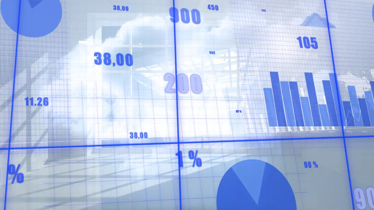 Animation of blue charts and processing data over sunny room and cloudy sky