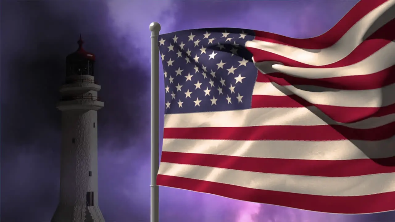 Animation of flag of united states of america over lighthouse and stormy clouds