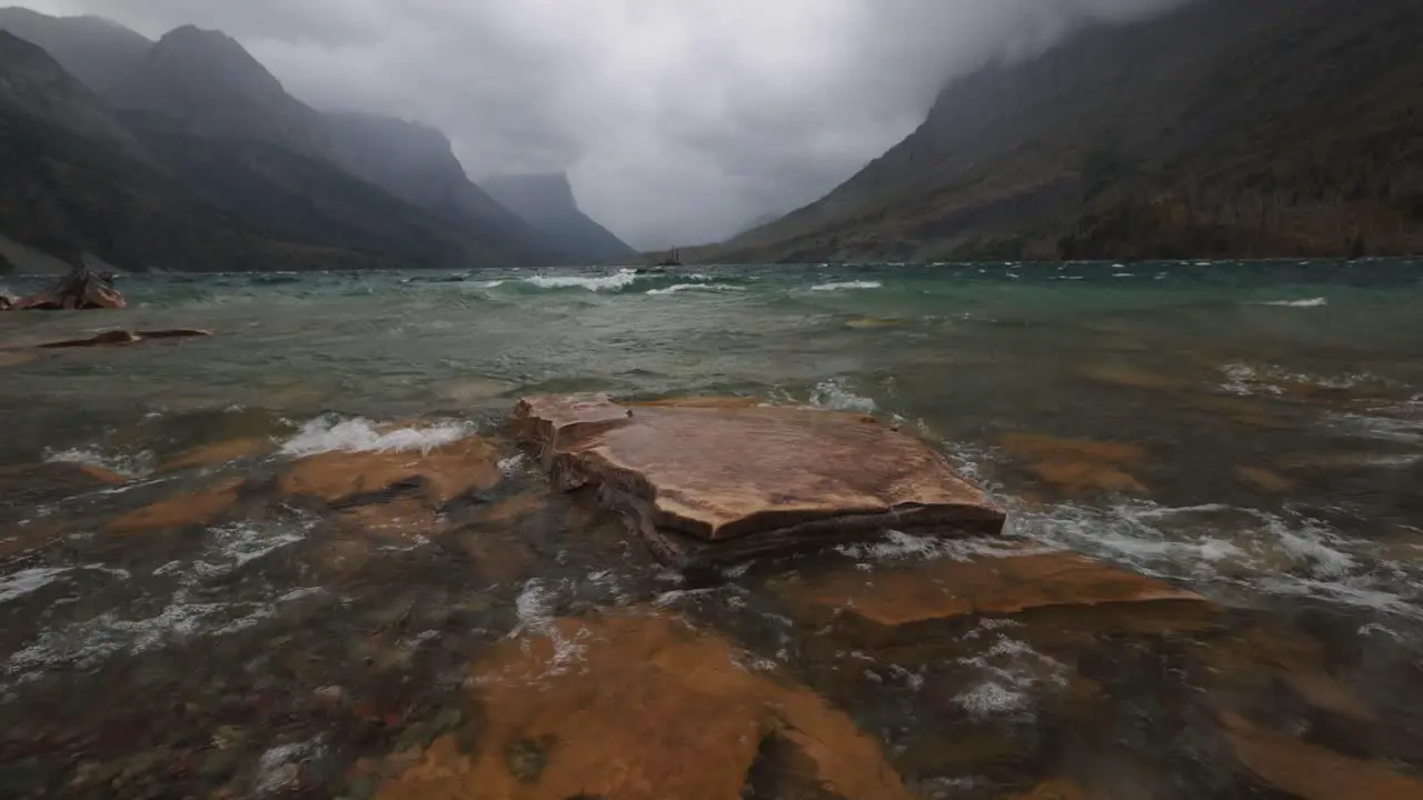 Stormy weather at the base of St Mary lake in Glacier National Park Montana