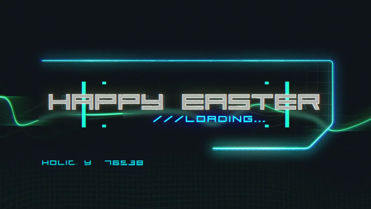 Futuristic Happy Easter neon sign glowing in blue with green line