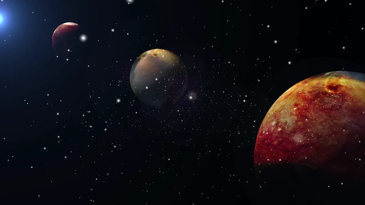 three planets moving in deep space