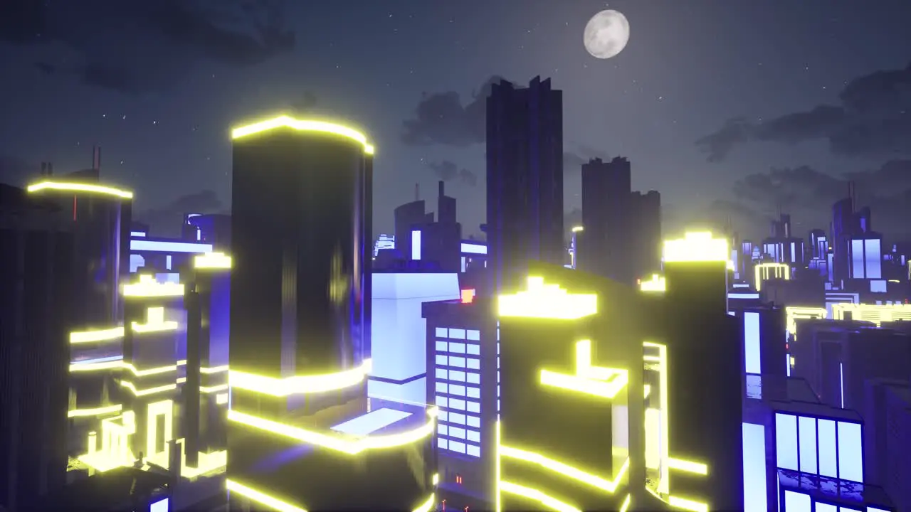 Sci-fi city with bright colorful neon lights at night time with large moon and glowing stars 3D animation camera dolly up