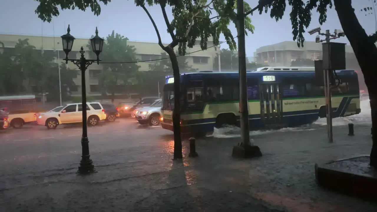 Flooded streets in Bangkok Thailand in the rainy season static shot 4K