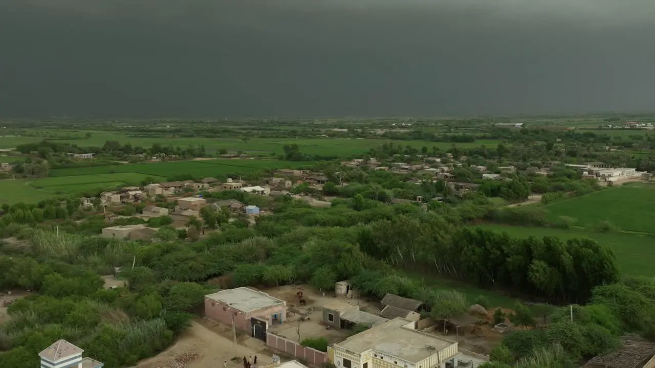 Aerial pan shot of a lush village near Mirpur Khas Sindh under stormy skies